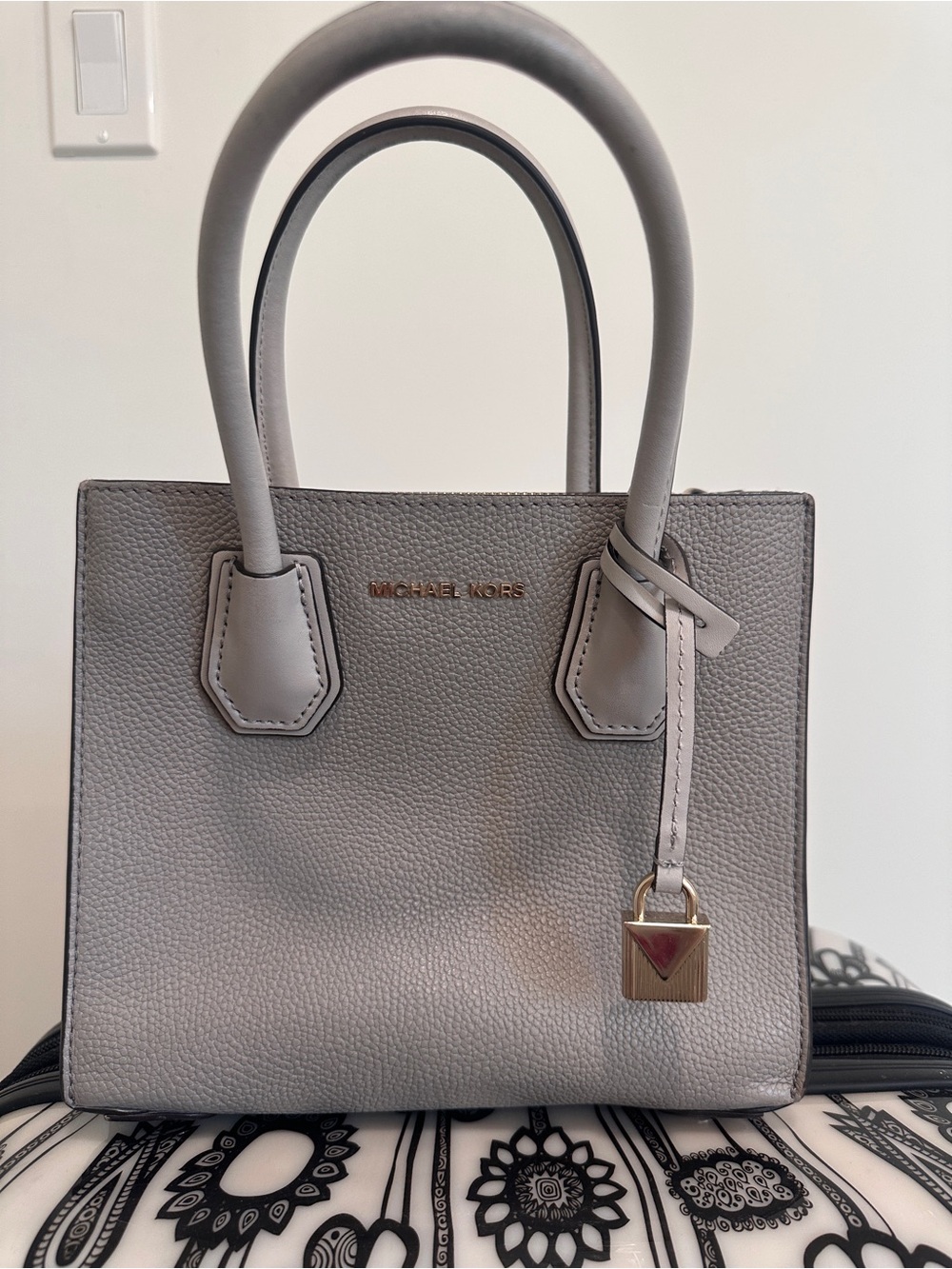 MICHAEL KORS Light Gray Pebbled Leather Satchel with Gold Accent